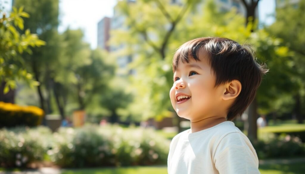 Child playing outdoors in natural light, demonstrating key prevention strategy for subclinical myopia in urban kids