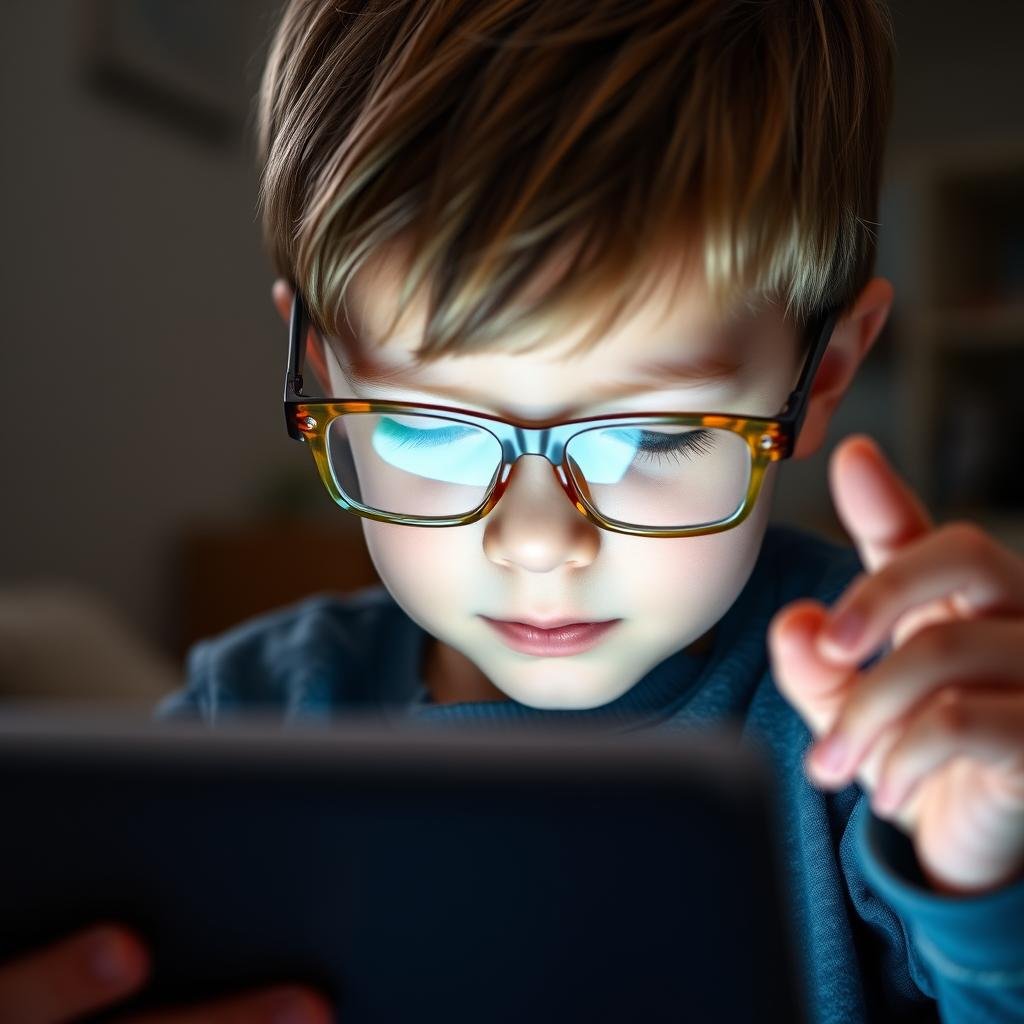 Child using digital device with blue light filtering glasses, demonstrating prevention strategies for subclinical myopia in urban kids