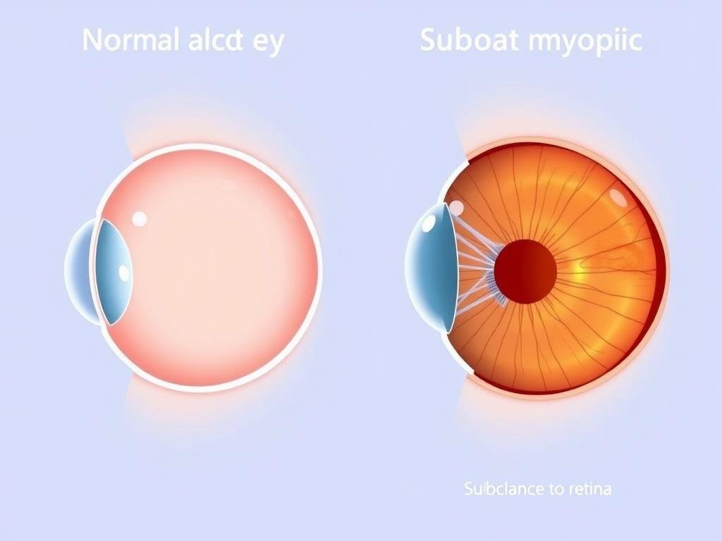 Comparison between normal eye anatomy and subclinical myopic eye showing subtle elongation, key in understanding subclinical myopia in urban kids