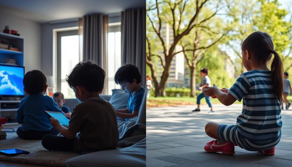 Contrast between urban children playing indoors with devices versus outdoors in natural light, highlighting subclinical myopia in urban kids risk factors