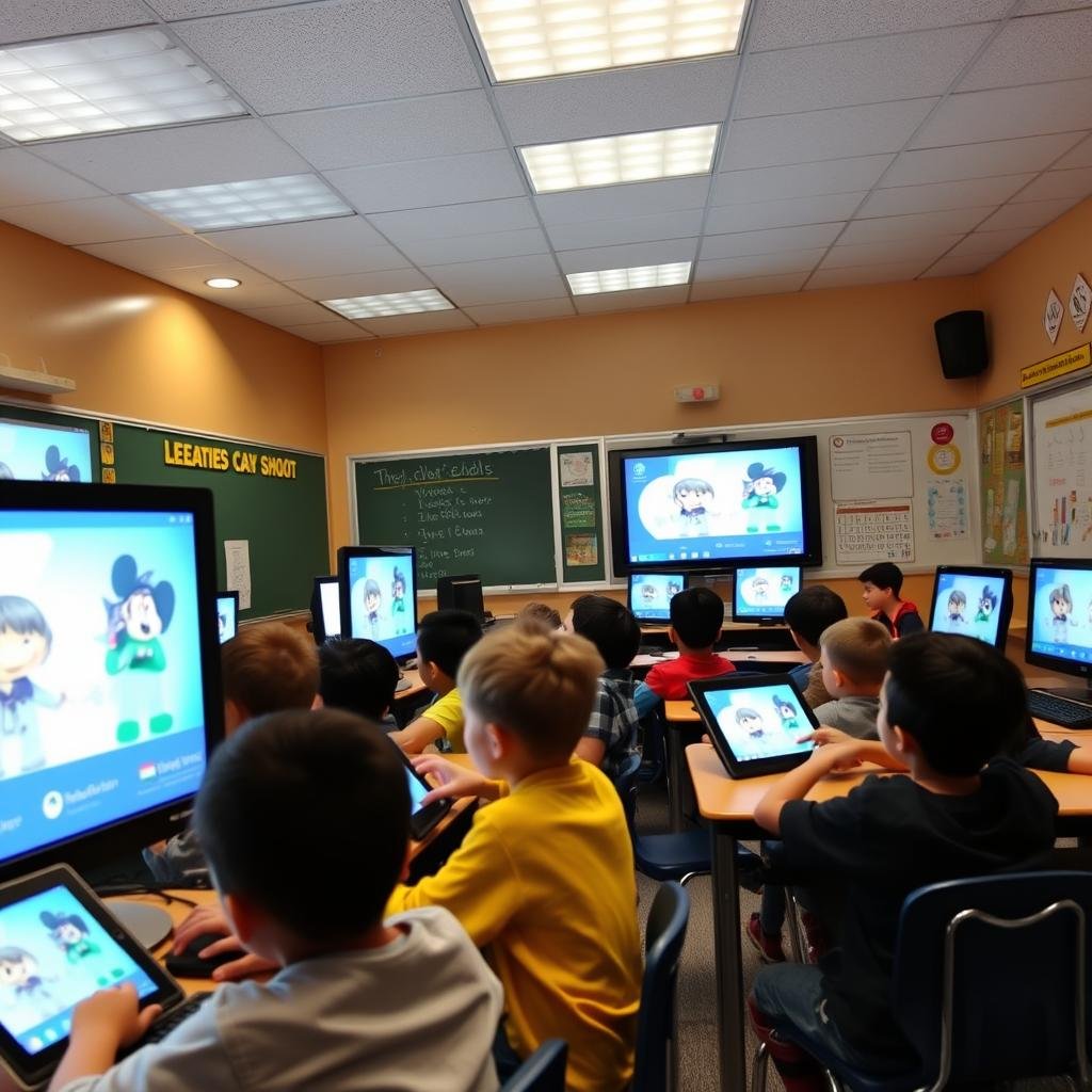 Elementary classroom with multiple digital screens and tablets, showing modern learning environments that may contribute to subclinical myopia in urban kids