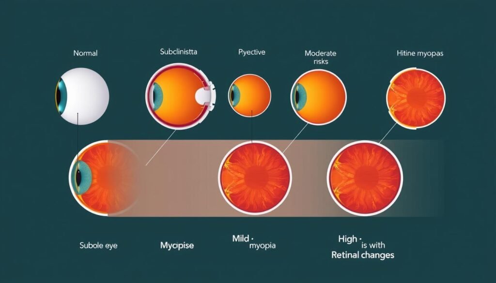 Progressive stages of myopia development from subclinical to high myopia with associated risks, illustrating subclinical myopia in urban kids progression