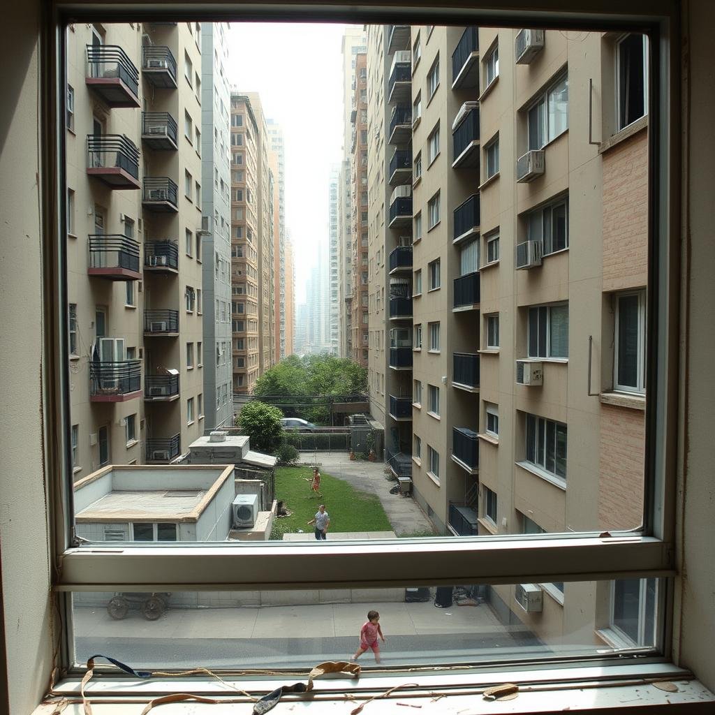 Urban apartment view showing limited outdoor space for children to play, contributing to subclinical myopia in urban kids