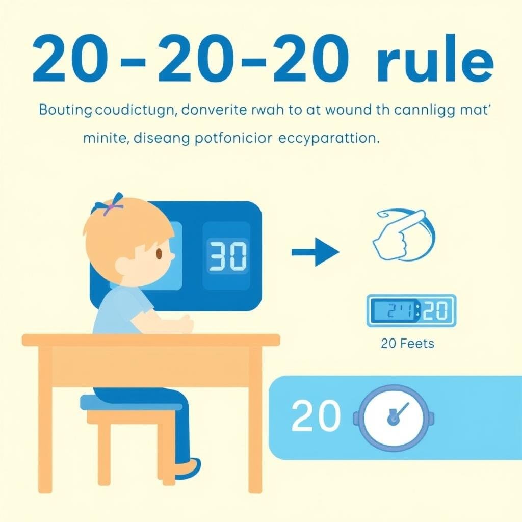 Visual representation of the 20-20-20 rule for preventing digital eye strain and subclinical myopia in urban kids