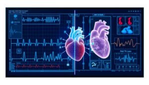 AI analyzing cardiac data with visualization of heart disease prediction algorithms