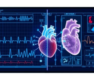 AI analyzing cardiac data with visualization of heart disease prediction algorithms