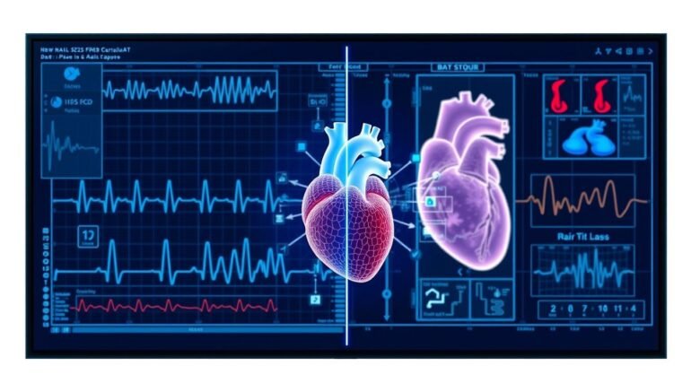 AI analyzing cardiac data with visualization of heart disease prediction algorithms
