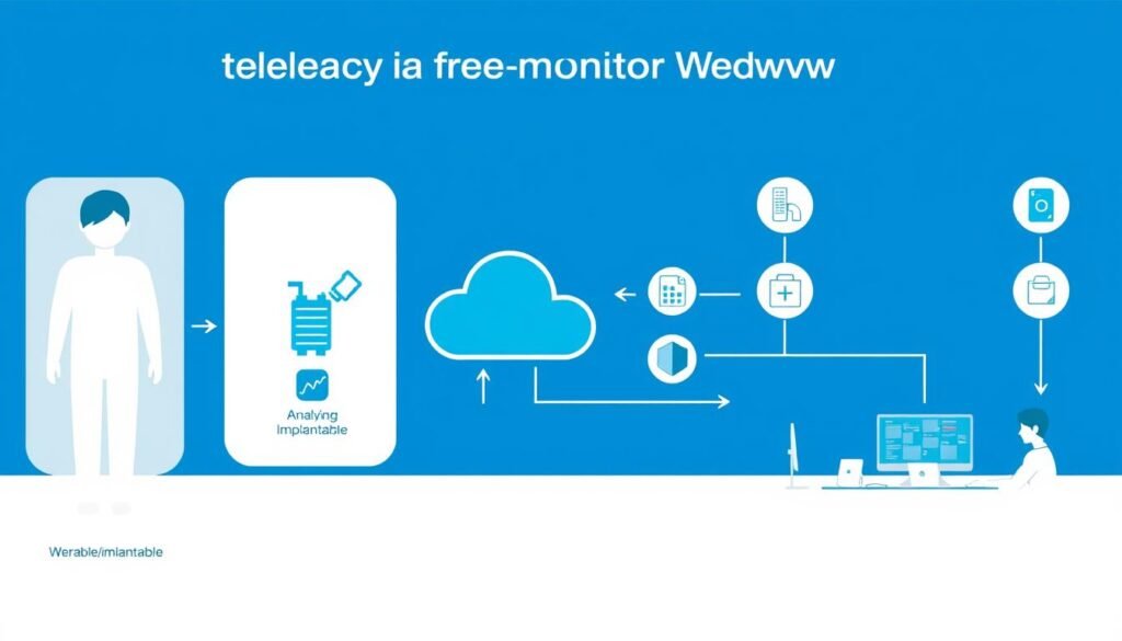 Diagram showing the telecardiology remote monitoring workflow from patient devices to healthcare providers Diagram showing the telecardiology remote monitoring workflow from patient devices to healthcare providers