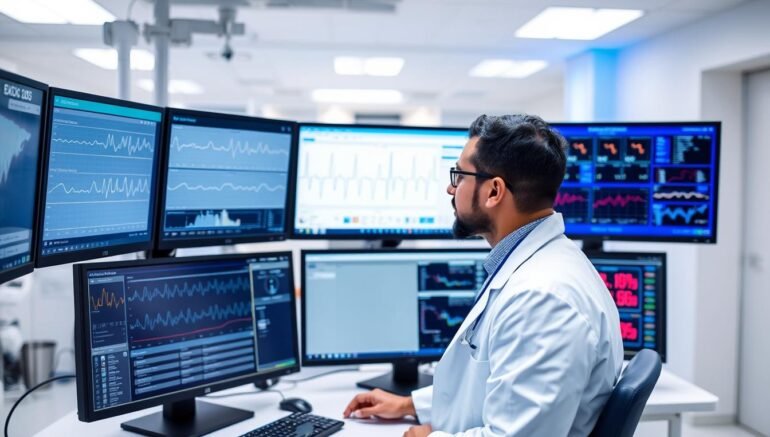Doctor reviewing telecardiology data on multiple screens showing ECG readings, patient vitals, and remote monitoring dashboards