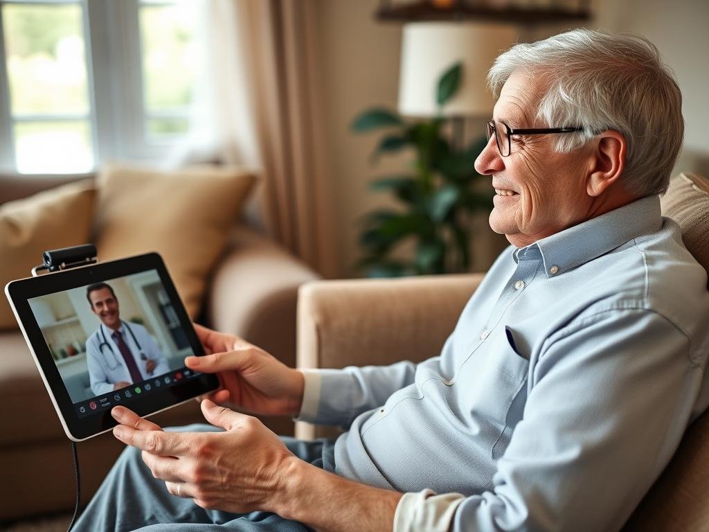 Elderly patient using a home telecardiology monitoring device while on a video call with a cardiologist Elderly patient using a home telecardiology monitoring device while on a video call with a cardiologist