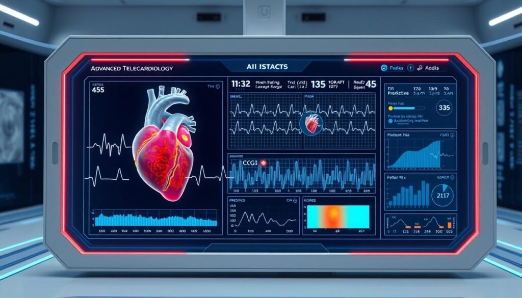 Futuristic telecardiology interface showing AI analysis of cardiac data with predictive analytics Futuristic telecardiology interface showing AI analysis of cardiac data with predictive analytics