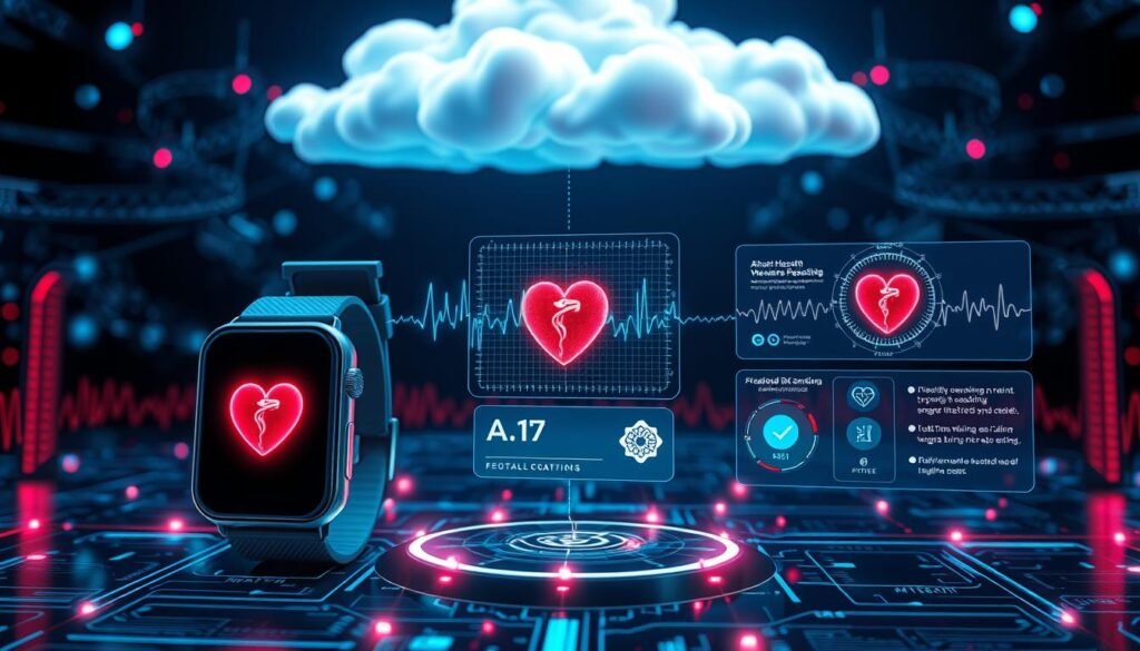 Futuristic visualization of AI and wearable technology integration for continuous heart monitoring