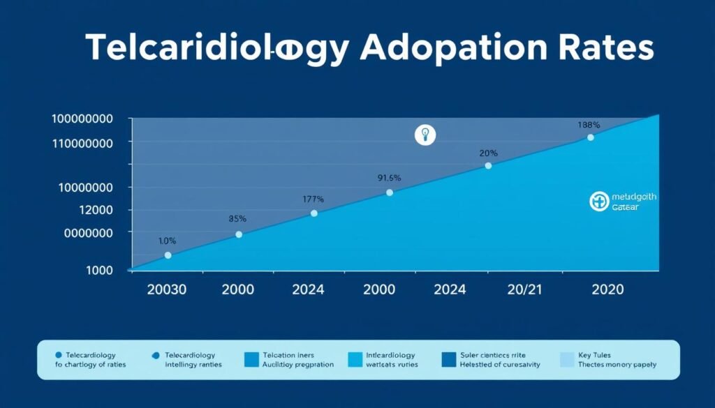 Graph showing increasing telecardiology adoption rates from 2020-2024 with key milestones Graph showing increasing telecardiology adoption rates from 2020-2024 with key milestones