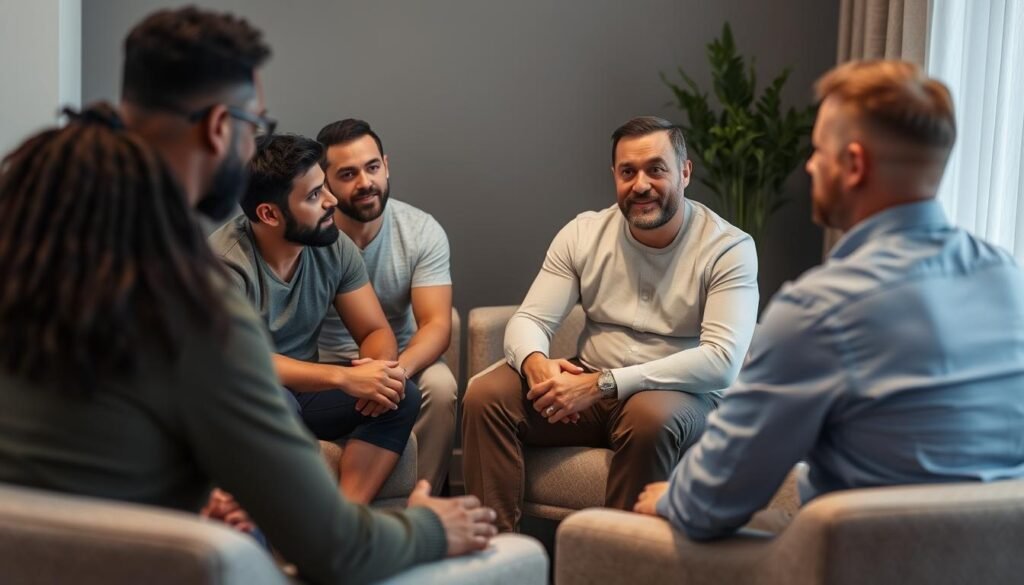 Group therapy session for men discussing body image issues Group therapy session for men discussing body image issues