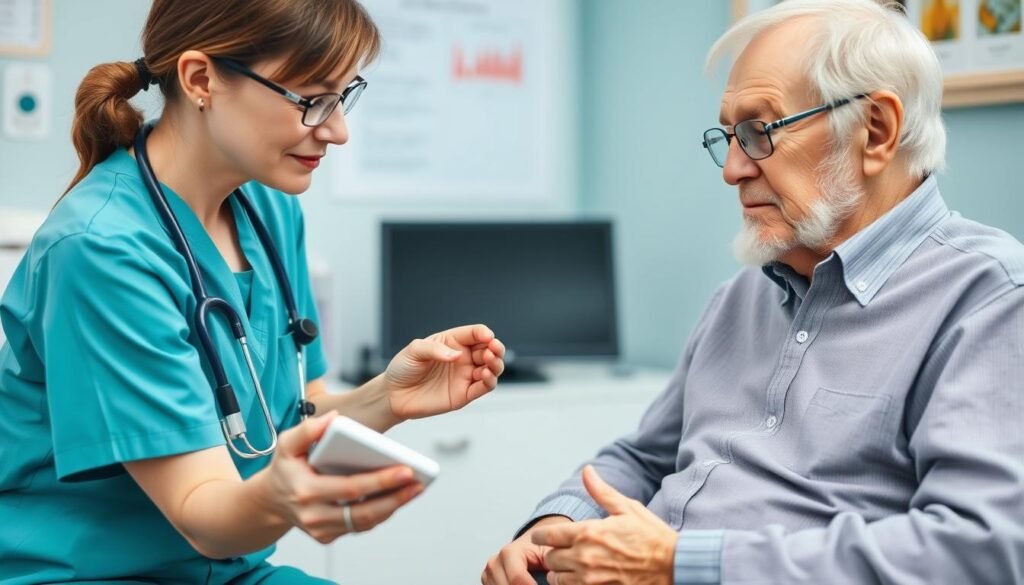 Healthcare professional explaining telecardiology device to an elderly patient who appears hesitant Healthcare professional explaining telecardiology device to an elderly patient who appears hesitant