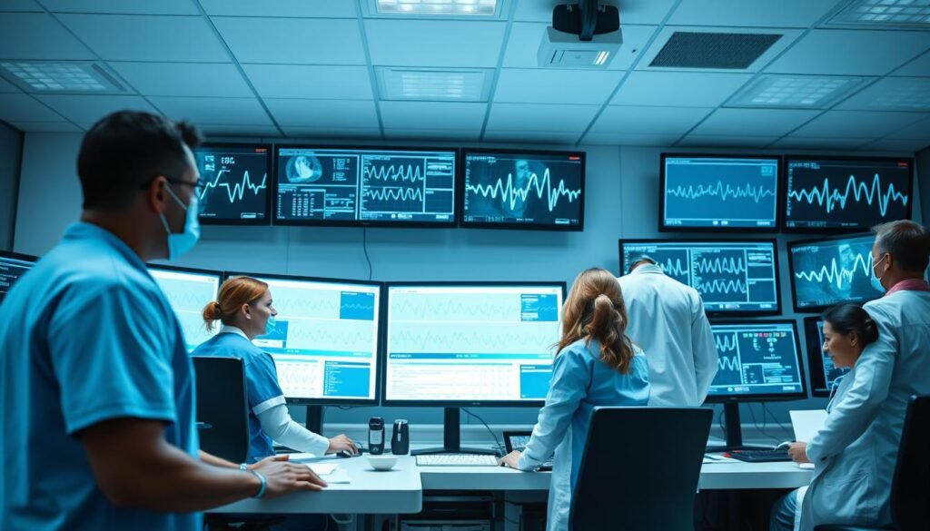 Hospital team reviewing telecardiology data in a command center with multiple monitors Hospital team reviewing telecardiology data in a command center with multiple monitors