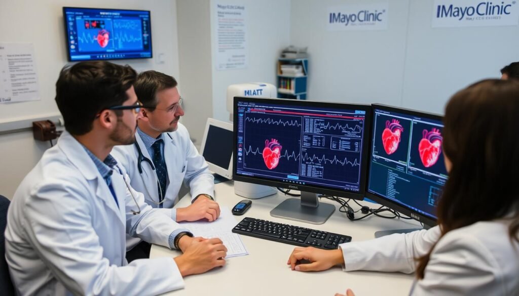 Mayo Clinic researchers analyzing AI-ECG algorithm results for heart disease prediction