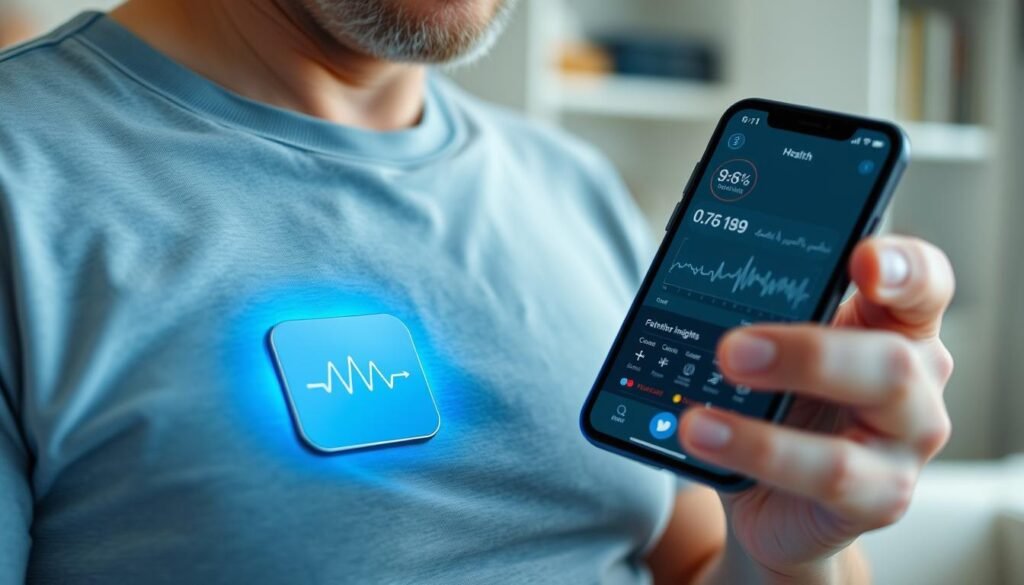 Patient using next-generation wearable cardiac monitoring device integrated with smartphone app Patient using next-generation wearable cardiac monitoring device integrated with smartphone app
