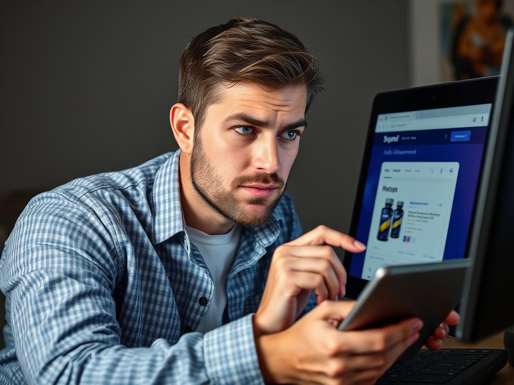 Person researching penis enlargement products online with skeptical expression Person researching penis enlargement products online with skeptical expression