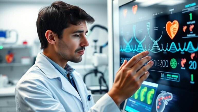 Scientist examining DNA sequence related to gene therapy for heart disease